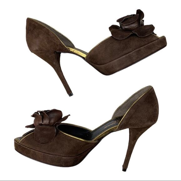 Sole Alliance Brown Suede Peep Toe Rose Flower Heels 8 Italy - Picture 8 of 10
